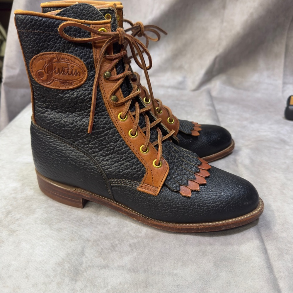 Vintage Justin Kiltie Fringe Lace Up Boots black and brown leather Size 6.5 - Picture 2 of 6